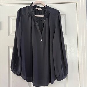 LOFT Silky Gray Long Sleeve Blouse Ruffle Neck XXL